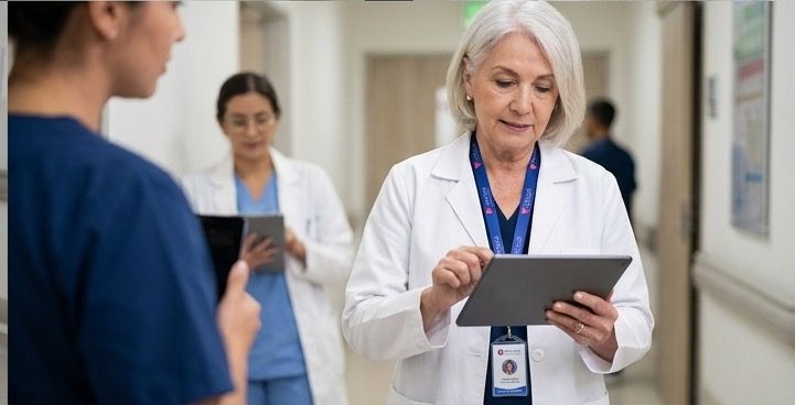 Equipo asistencial revisando información clínica en el pasillo de una institución