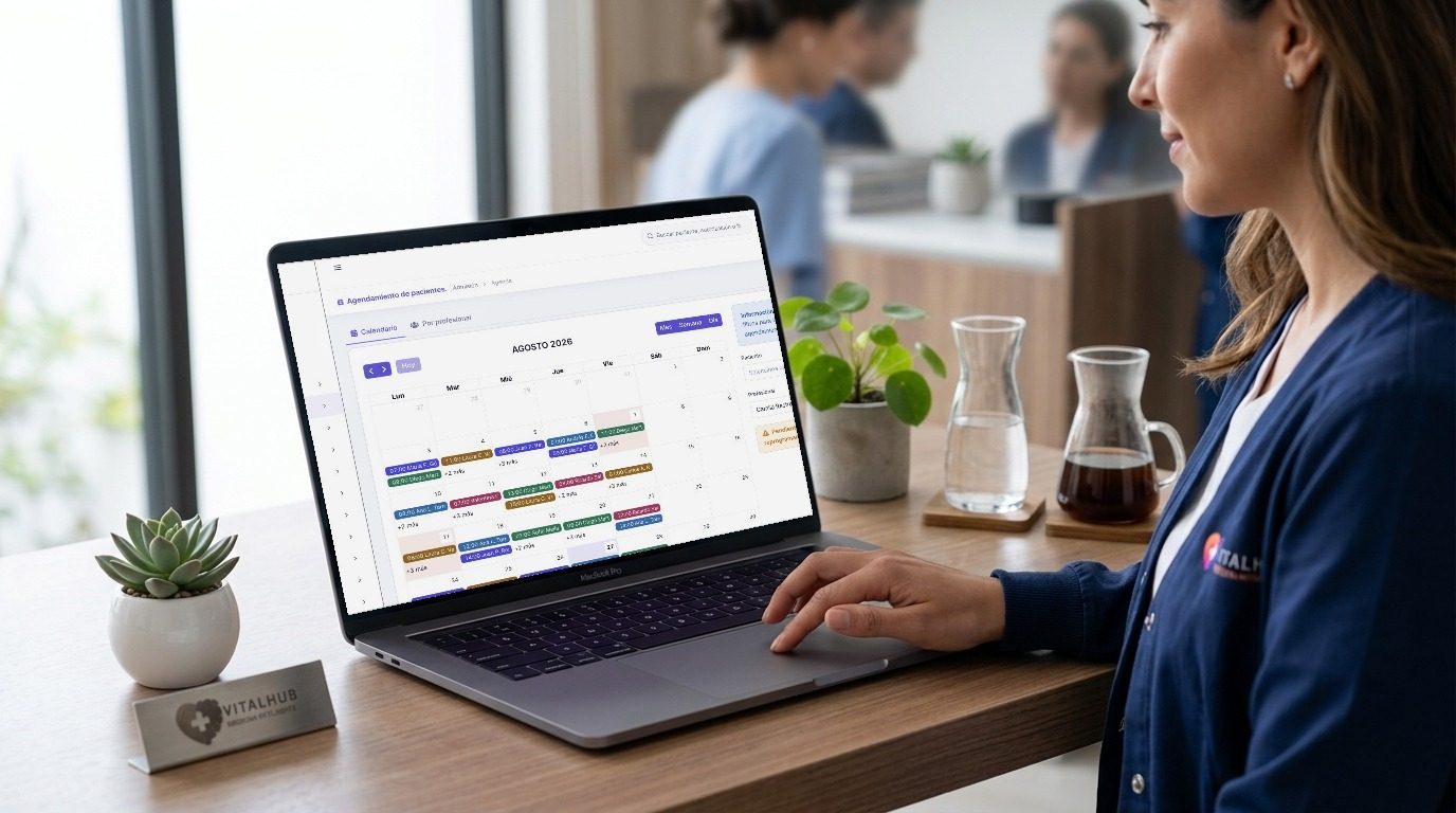 Profesional de la salud consultando la agenda de VitalHub en la recepción de una IPS